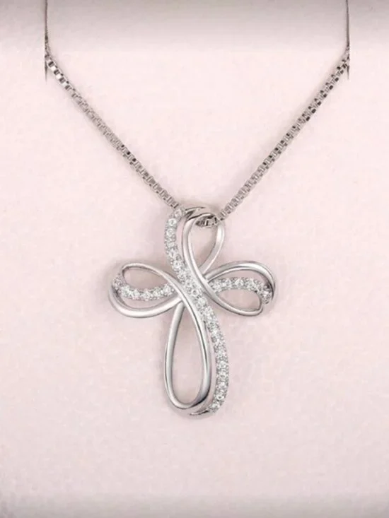 Silver Tone Cubic Zirconia Cross Necklace - Picture 3 of 4